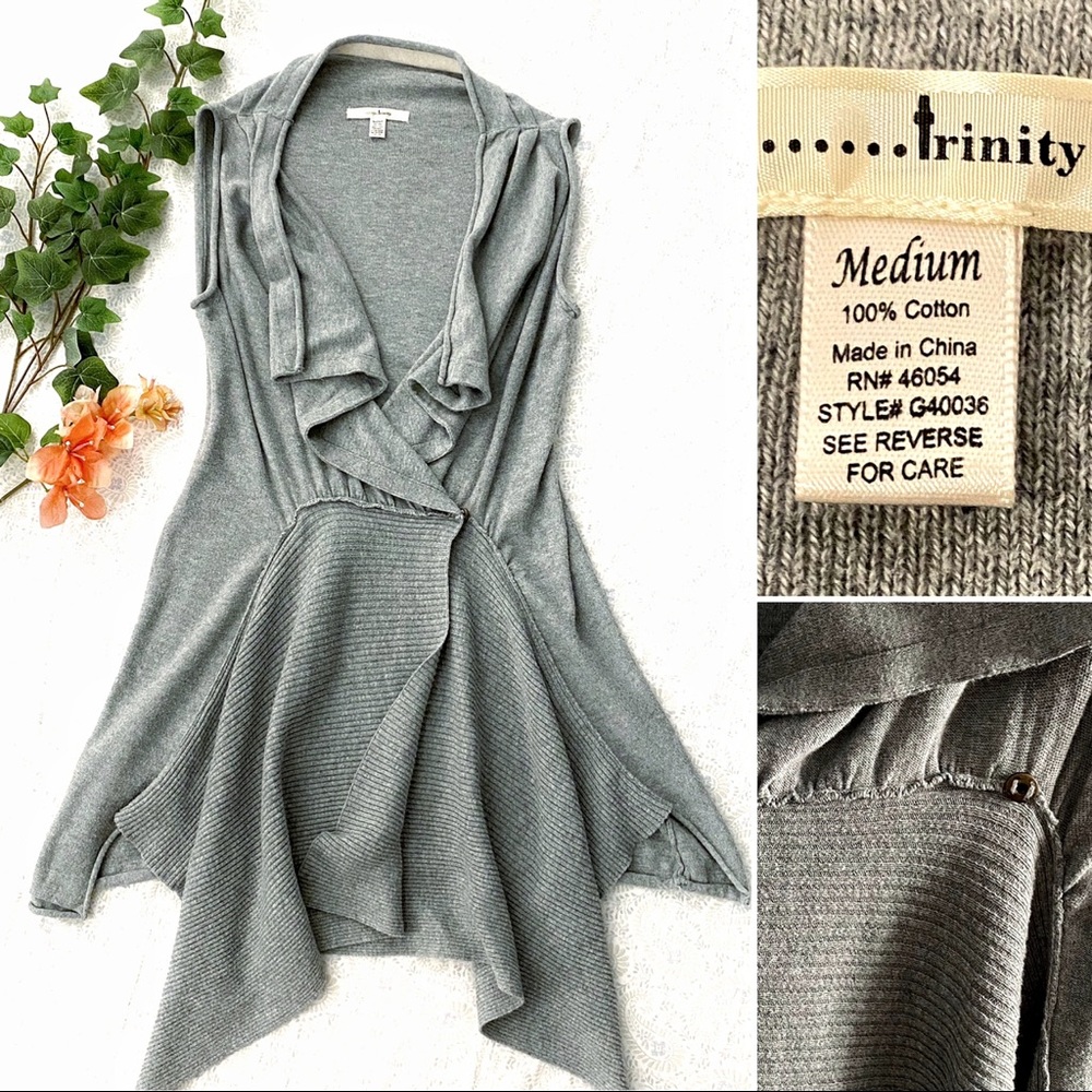 Trinity 100% cotton chic drapey waterfall sleeveless cardigan, gray